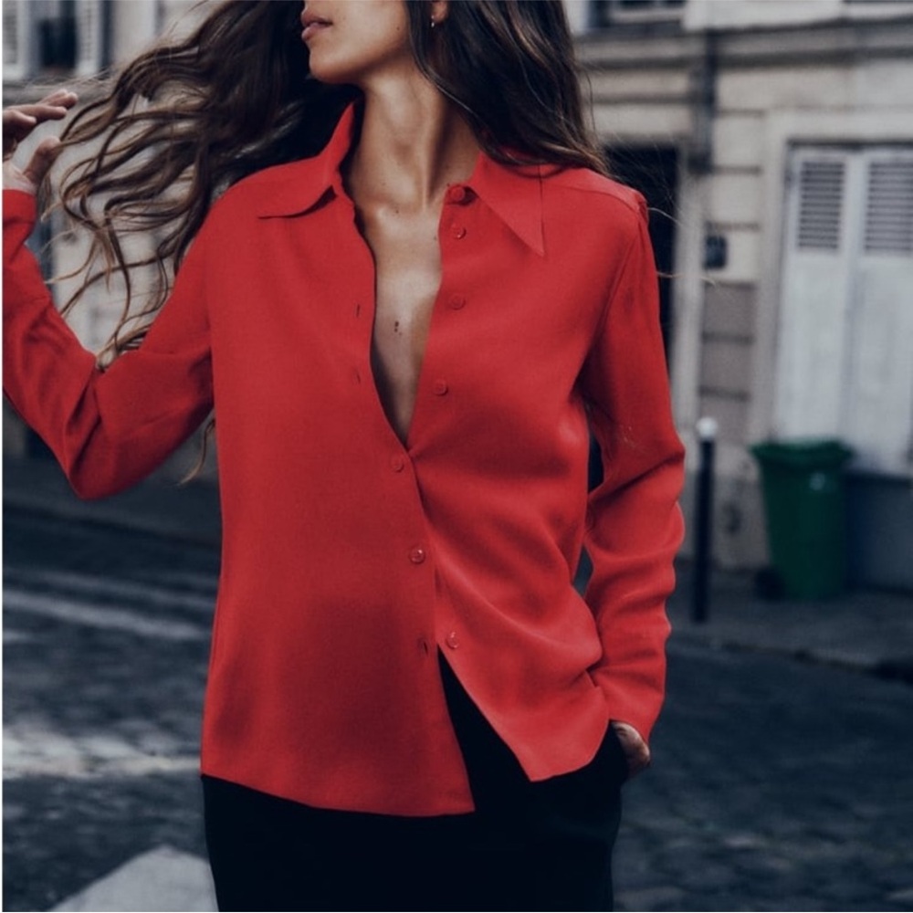 Zara Vibrant Red Button-Down Shirt large